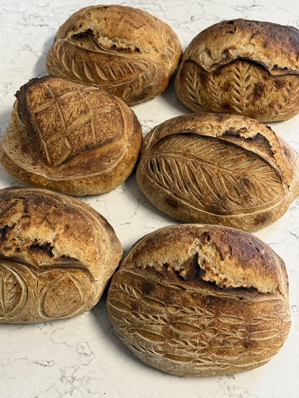 Six sourdough loaves, each hand-scored with a different design