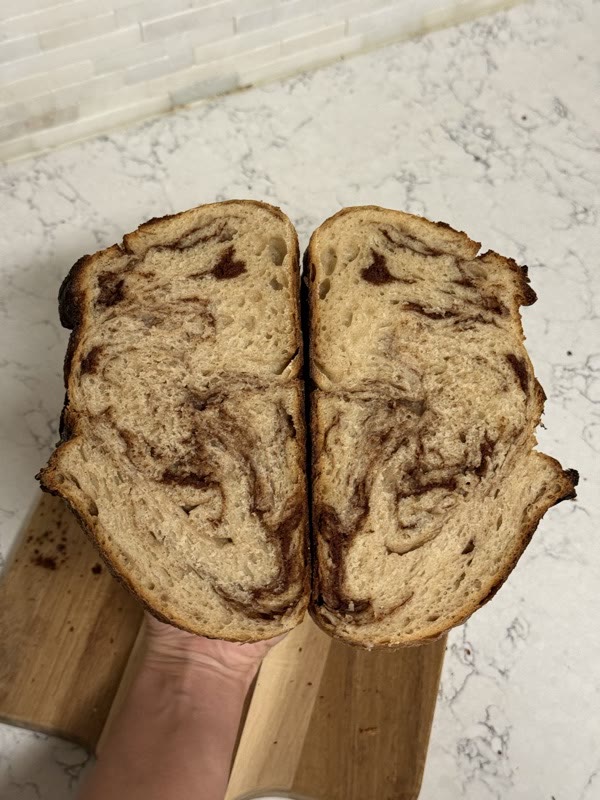 Cinnamon swirl sourdough, sliced to show the swirl