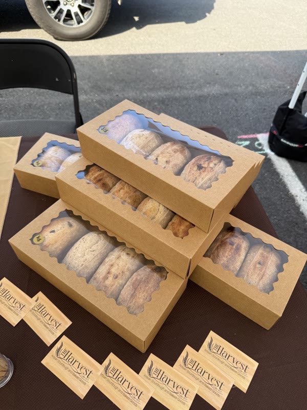 Bakery boxes packed and labelled, ready for pickup
